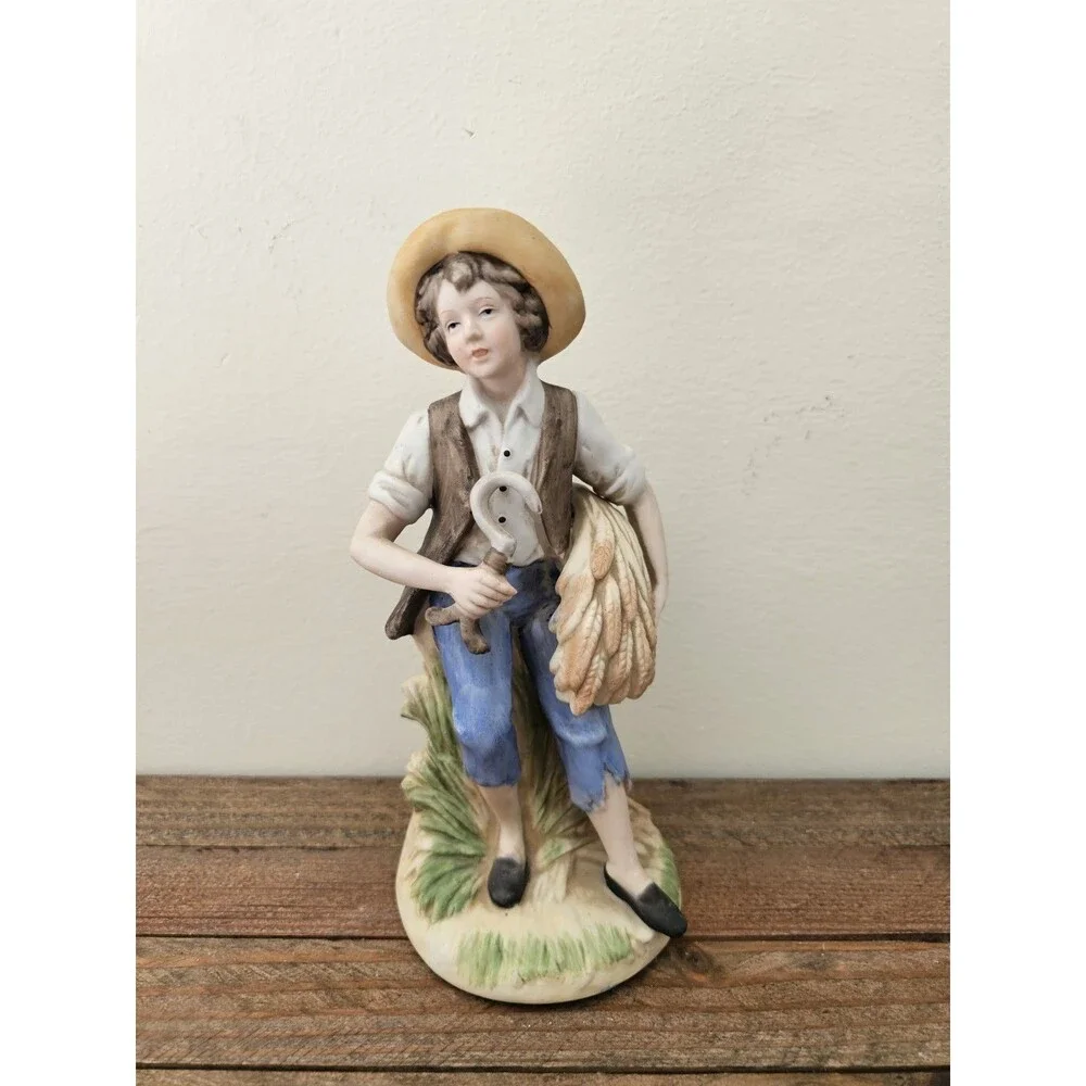 Vintage Porcelain Figurine – Farm Boy - Wheat Sickle Harvest